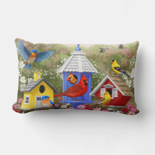 Colorful Birds and Birdhouses Lumbar Pillow