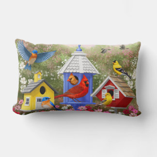 Colorful Birds and Birdhouses Lumbar Pillow