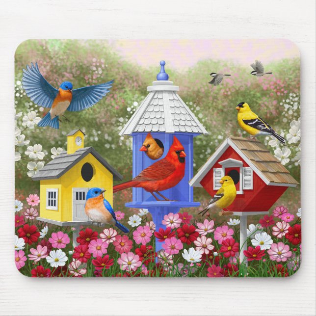 Colorful Birds and Birdhouses Mouse Pad (Front)