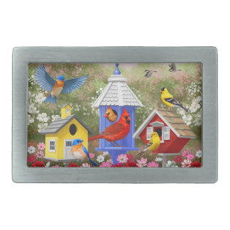 Colorful Birds and Birdhouses Rectangular Belt Buckle