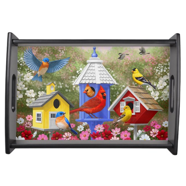 Colorful Birds and Birdhouses Serving Tray (Front)