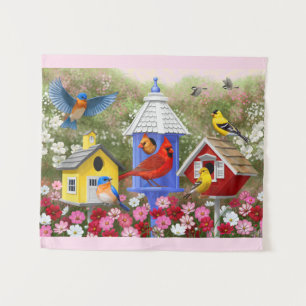 Colorful Birds and Birdhouses Tapestry
