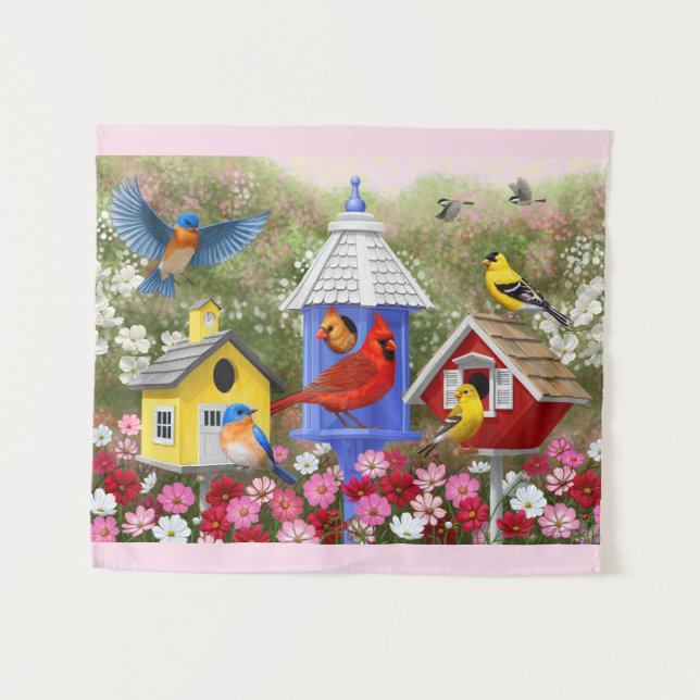 Colorful Birds and Birdhouses Tapestry (Front (Horizontal))