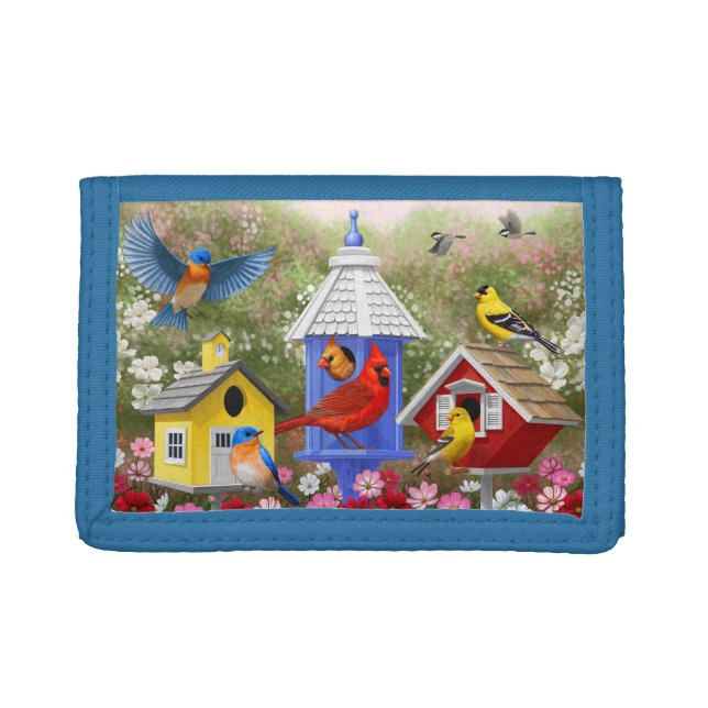 Colorful Birds and Birdhouses Trifold Wallet (Front)