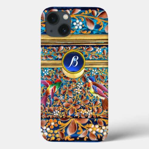 COLORFUL BIRDS AND FLORAL SWIRLS BLUE GEM MONOGRAM iPhone 13 CASE