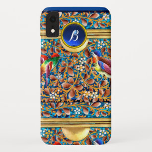 COLORFUL BIRDS AND FLORAL SWIRLS BLUE GEM MONOGRAM iPhone XR CASE