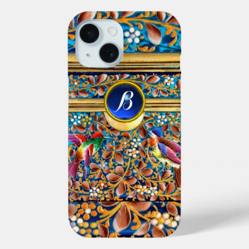 COLORFUL BIRDS AND FLORAL SWIRLS BLUE GEM MONOGRAM iPhone 15 CASE