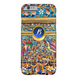 COLORFUL BIRDS AND FLORAL SWIRLS BLUE GEM MONOGRAM BARELY THERE iPhone 6 CASE