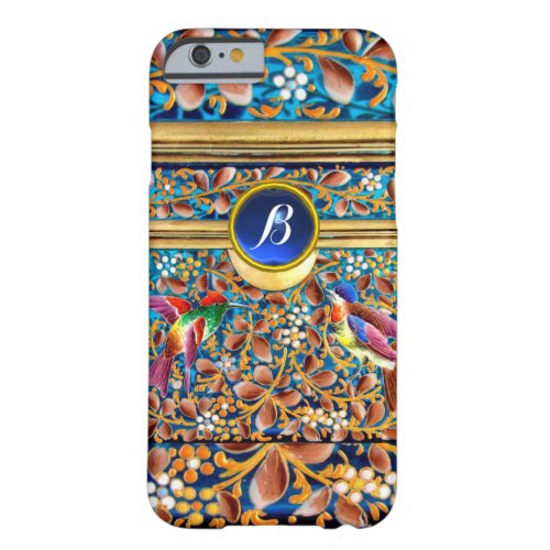 COLORFUL BIRDS AND FLORAL SWIRLS BLUE GEM MONOGRAM BARELY THERE iPhone 6 CASE