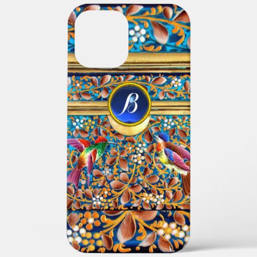 COLORFUL BIRDS AND FLORAL SWIRLS BLUE GEM MONOGRAM iPhone 12 PRO MAX CASE