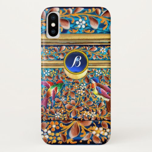 COLORFUL BIRDS AND FLORAL SWIRLS BLUE GEM MONOGRAM iPhone XS CASE