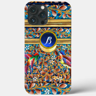 COLORFUL BIRDS AND FLORAL SWIRLS BLUE GEM MONOGRAM iPhone 13 PRO MAX CASE