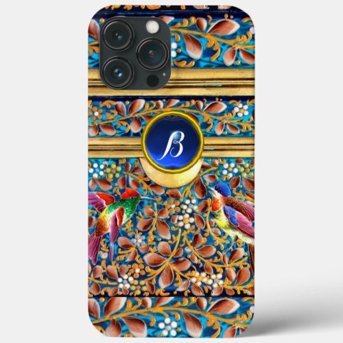 COLORFUL BIRDS AND FLORAL SWIRLS BLUE GEM MONOGRAM iPhone 13 PRO MAX CASE
