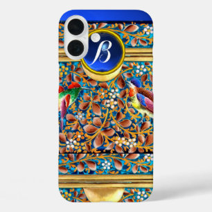 COLORFUL BIRDS AND FLORAL SWIRLS BLUE GEM MONOGRAM iPhone 16 PLUS CASE