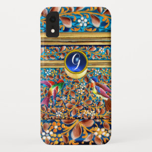 COLORFUL BIRDS AND FLORAL SWIRLS BLUE GEM MONOGRAM iPhone XR CASE