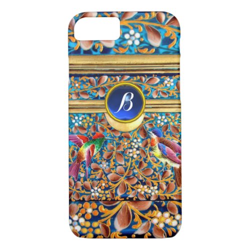 COLORFUL BIRDS AND FLORAL SWIRLS BLUE GEM MONOGRAM iPhone 87 CASE