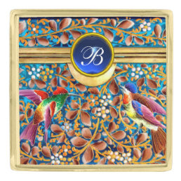 COLORFUL BIRDS AND FLORAL SWIRLS BLUE GEM MONOGRAM GOLD FINISH LAPEL PIN