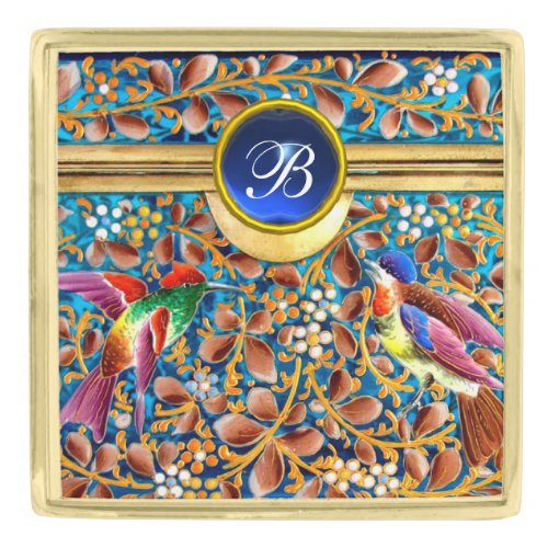 COLORFUL BIRDS AND FLORAL SWIRLS BLUE GEM MONOGRAM GOLD FINISH LAPEL PIN