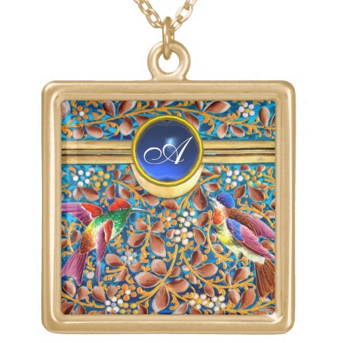 COLORFUL BIRDS AND FLORAL SWIRLS BLUE GEM MONOGRAM GOLD PLATED NECKLACE