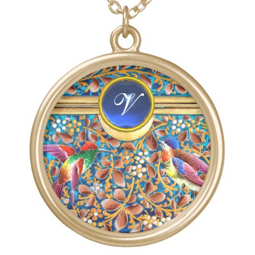 COLORFUL BIRDS AND FLORAL SWIRLS BLUE GEM MONOGRAM GOLD PLATED NECKLACE