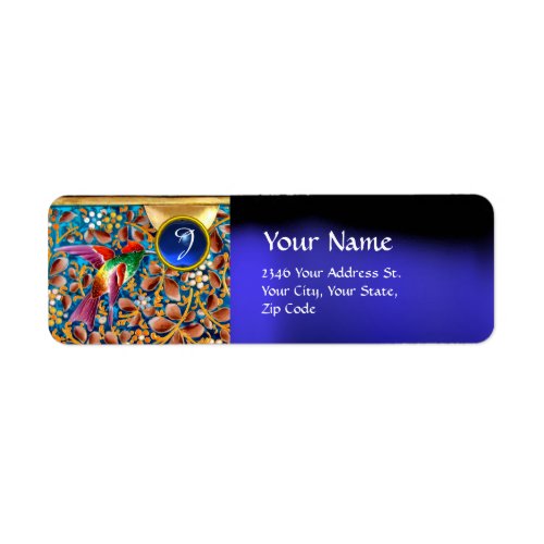 COLORFUL BIRDS AND FLORAL SWIRLS BLUE GEM MONOGRAM LABEL