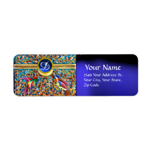 COLORFUL BIRDS AND FLORAL SWIRLS BLUE GEM MONOGRAM LABEL