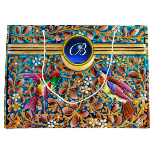 COLORFUL BIRDS AND FLORAL SWIRLS BLUE GEM MONOGRAM LARGE GIFT BAG