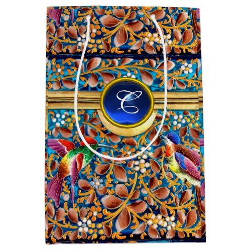 COLORFUL BIRDS AND FLORAL SWIRLS BLUE GEM MONOGRAM MEDIUM GIFT BAG