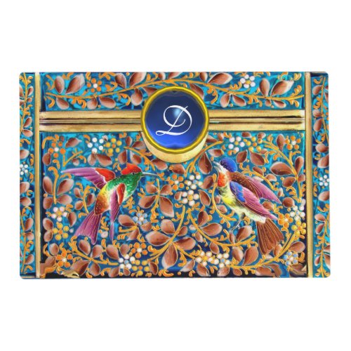 COLORFUL BIRDS AND FLORAL SWIRLS BLUE GEM MONOGRAM PLACEMAT