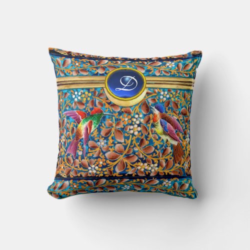 COLORFUL BIRDS AND FLORAL SWIRLS BLUE GEM MONOGRAM THROW PILLOW