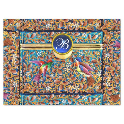 COLORFUL BIRDS AND FLORAL SWIRLS BLUE GEM MONOGRAM TISSUE PAPER