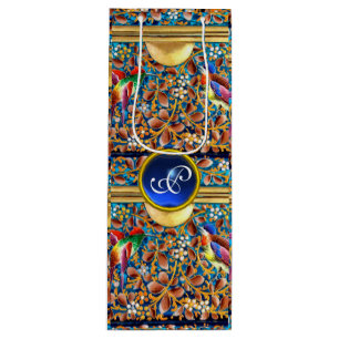 COLORFUL BIRDS AND FLORAL SWIRLS BLUE GEM MONOGRAM WINE GIFT BAG