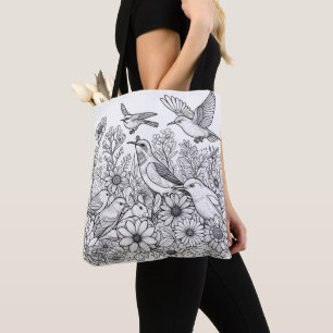 Colorful Birds and Flowers on a Coloring Tote Bag