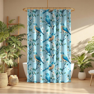 Colorful birds and white botanical flowers pattern shower curtain