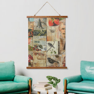 Colorful Birds Antique Newspaper Nature Collage Hanging Tapestry
