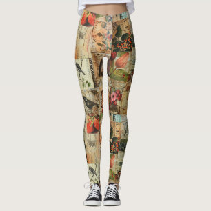 Colorful Birds Antique Newspaper Nature Collage Leggings
