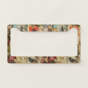 Colorful Birds Antique Newspaper Nature Collage License Plate Frame