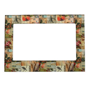 Colorful Birds Antique Newspaper Nature Collage Magnetic Frame