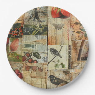Colorful Birds Antique Newspaper Nature Collage Paper Plates