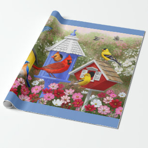 Colorful Birds & Birdhouses Flower Garden Wrapping Paper