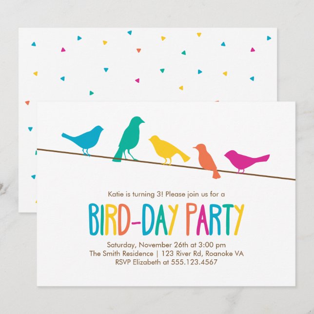Colorful Birds Birthday Party Invitation (Front/Back)