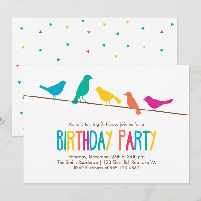 Colorful Birds Birthday Party Invitation (Front/Back)