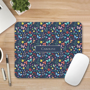 Colorful Birds Butterflies Floral Navy Mouse Pad