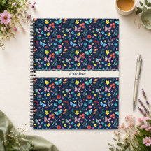 Colorful Birds Butterflies Floral Navy Notebook
