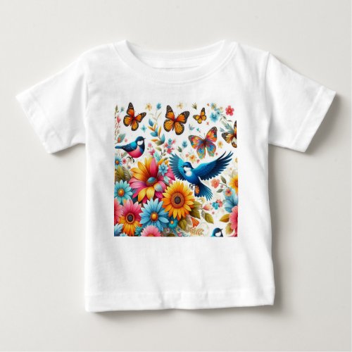 Colorful Birds Butterflies Flowers Template Cute Baby T_Shirt
