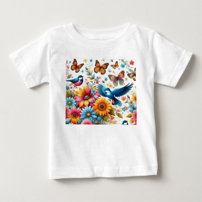 Colorful Birds Butterflies Flowers Template Cute Baby T-Shirt (Front)