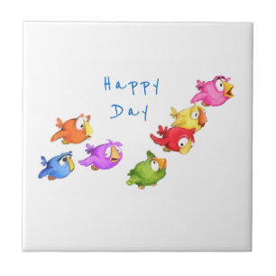 Colorful Birds Ceramic Tile Sparrows - Your Text