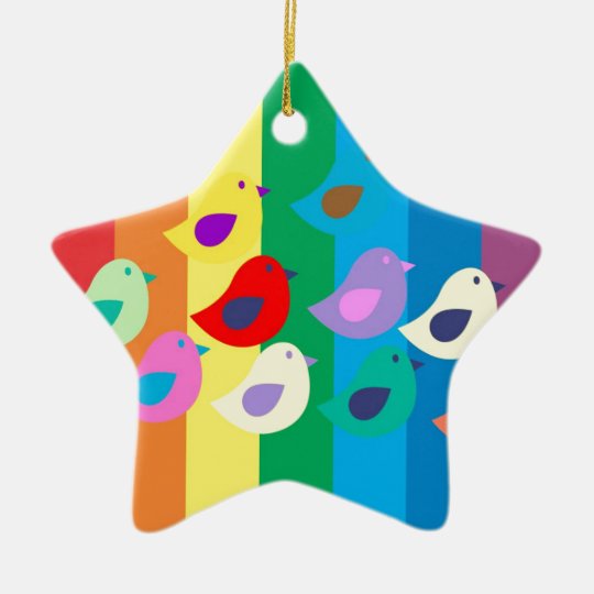 Colorful Birds Colorful Stripes Ceramic Ornament