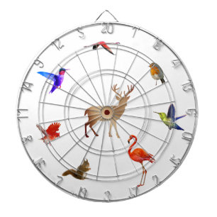 Colorful Birds, Deer & Squirrel on White Dart Board