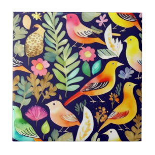 Colorful birds floral pattern blue decor ceramic tile